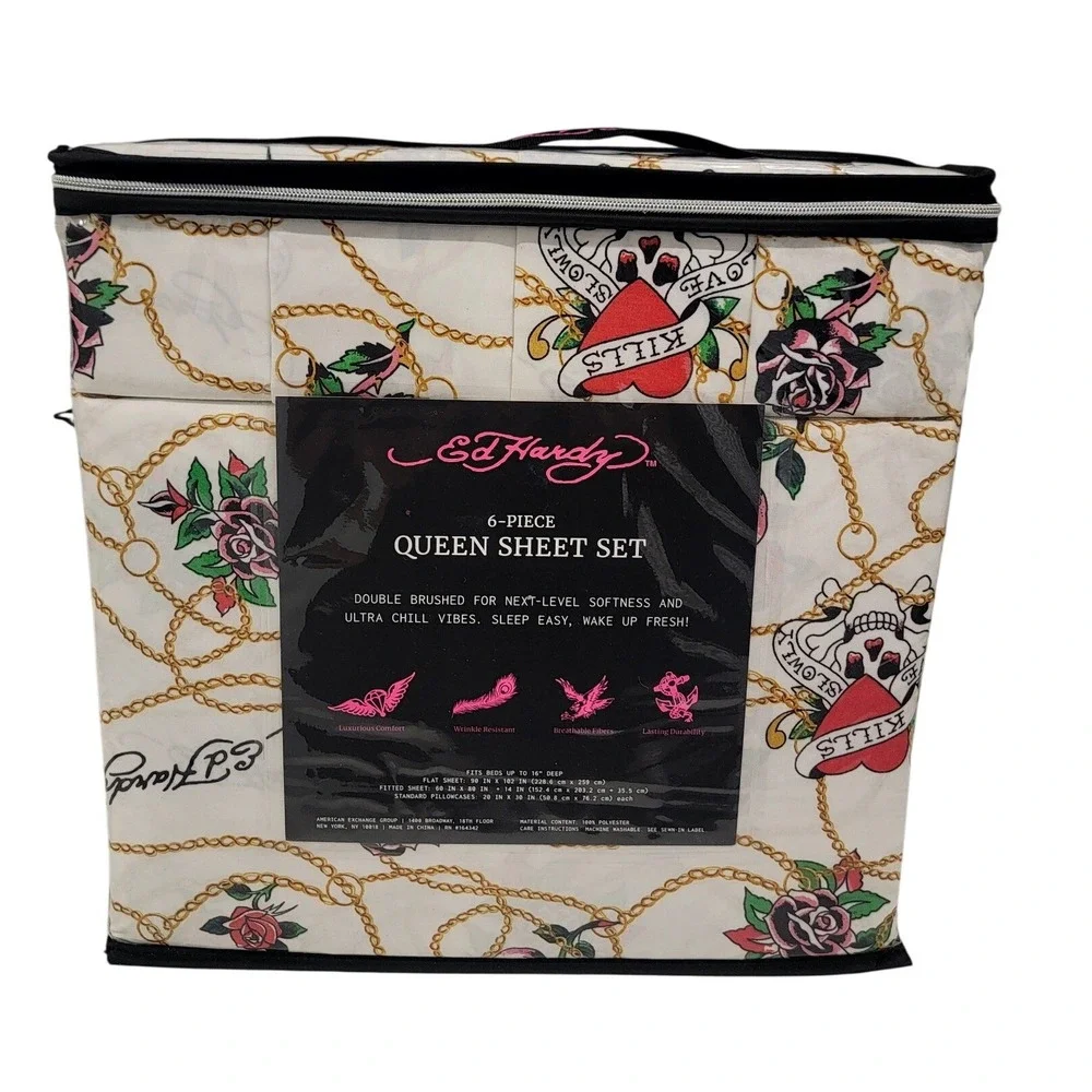 NEW Ed Hardy Queen Sheet‎ Bed Set 6-Piece Tiger Skull Rose Tattoo Heart Print